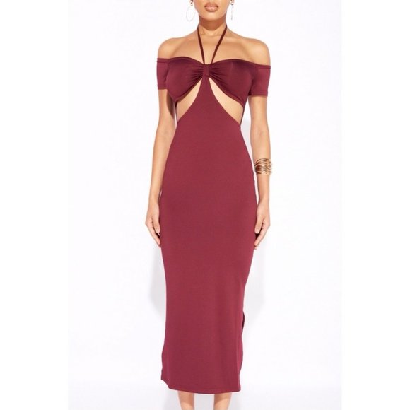 Burgundy Halter Neck Off Shoulder Short Sleeve Slit Cutout Bodycon Midi Dress - Picture 7 of 13